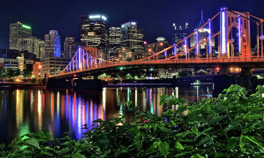 Pittsburgh lights Bridge and Foliage Photograph by Frozen in Time Fine Art Photography