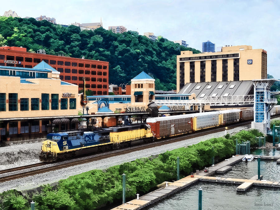 Pittsburgh PA - Freight Train Going By Station Square Photograph by Susan Savad