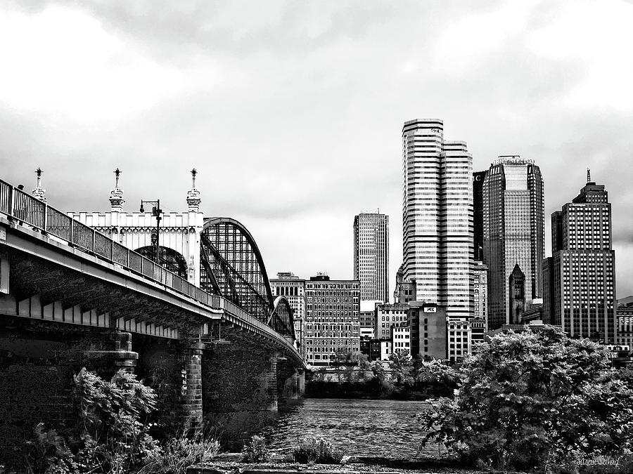 Pittsburgh PA - Pittsburgh Skyline by Smithfield Street Bridge Black and White Photograph by Susan Savad