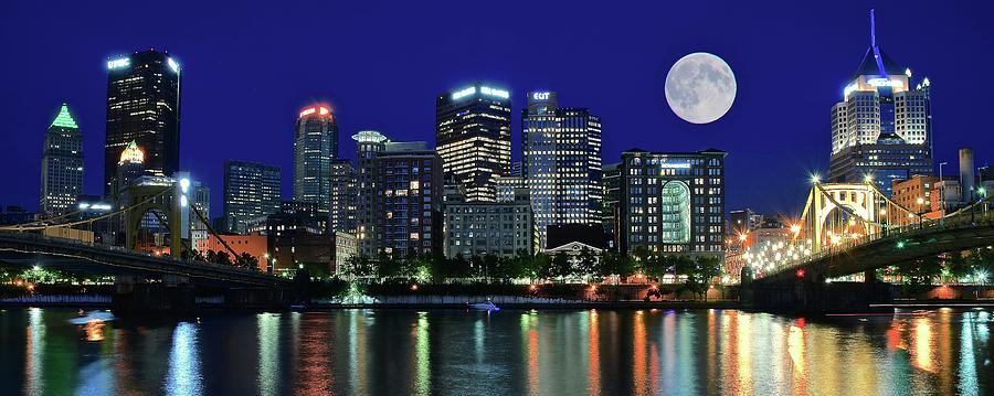 Pittsburgh Panoramic Night with Moon Photograph by Frozen in Time Fine Art Photography
