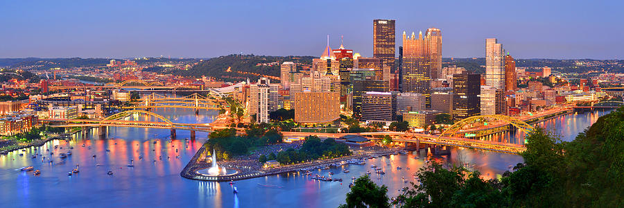 Pittsburgh Pennsylvania Skyline at Dusk Sunset Panorama Photograph by Jon Holiday