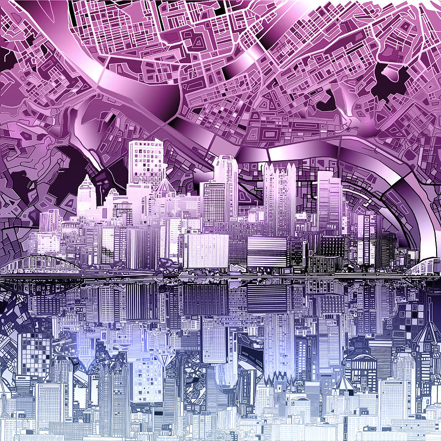 Pittsburgh Skyline Abstract Purple Painting by Bekim M