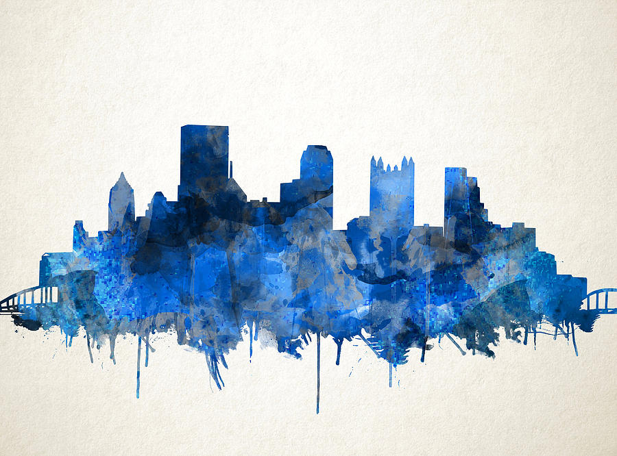 Pittsburgh skyline watercolor blue Painting by Bekim M