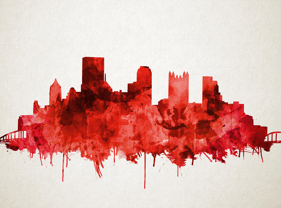 Pittsburgh skyline watercolor red Painting by Bekim M