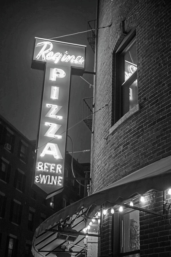 Pizzeria Regina Boston MA North End Thacher Street Neon Sign Black and White Photograph by Toby McGuire