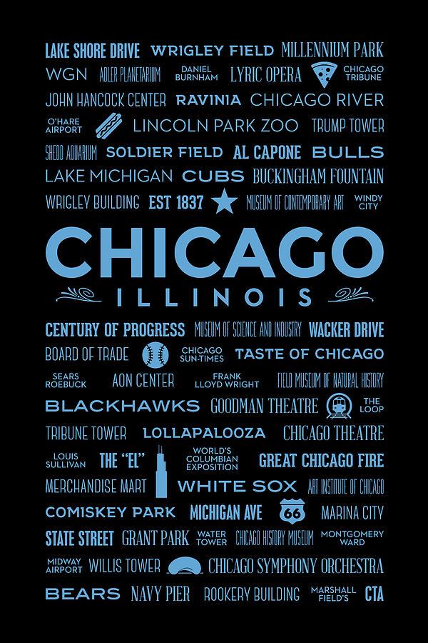 Places of Chicago Blue on Black Digital Art by Christopher Arndt