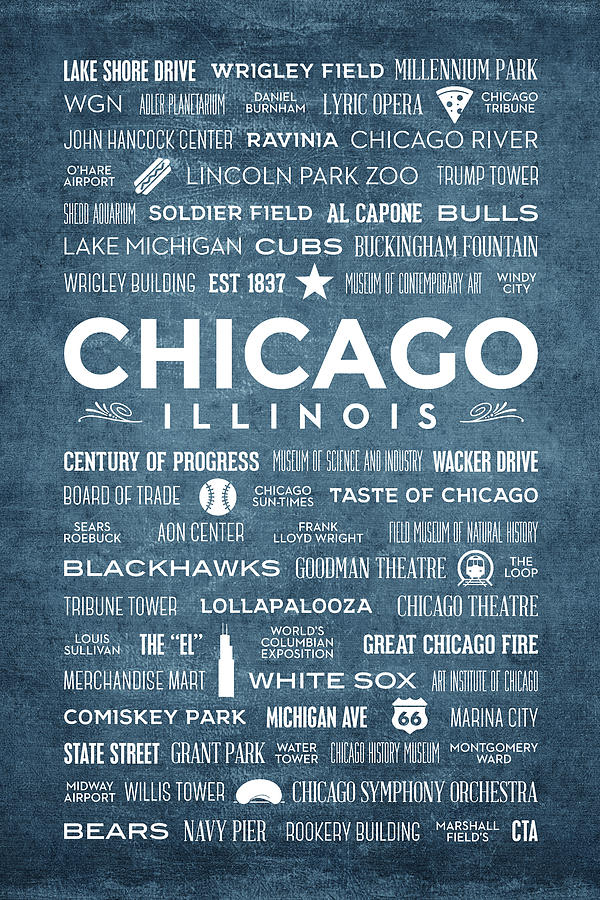 Places of Chicago on Blue Chalkboard Digital Art by Christopher Arndt