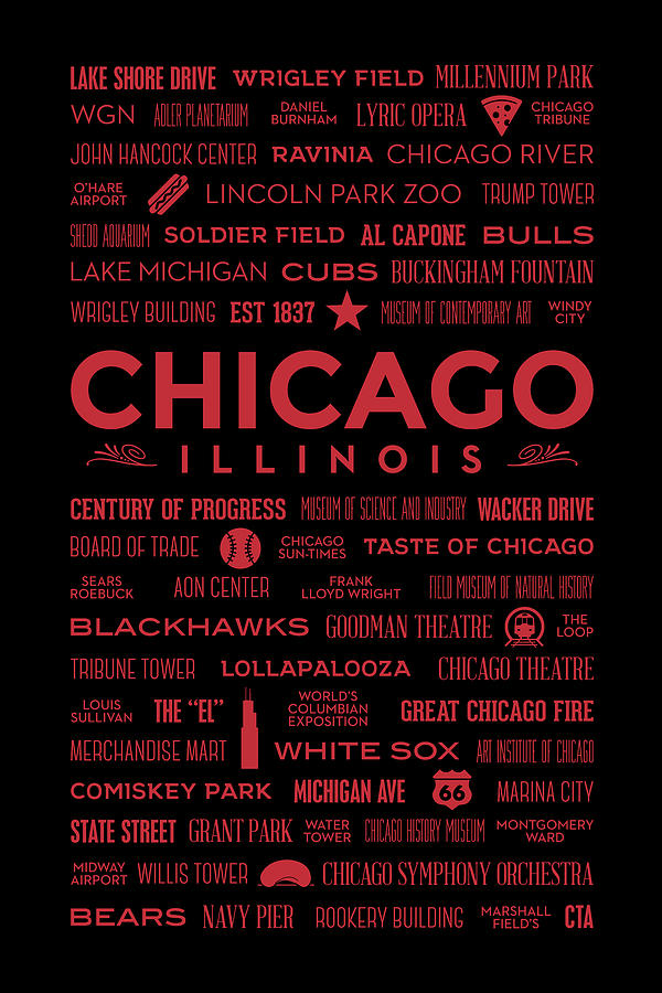 Places of Chicago on Red on Black Digital Art by Christopher Arndt