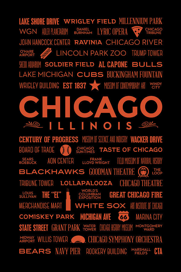 Places of Chicago Orange on Black Digital Art by Christopher Arndt