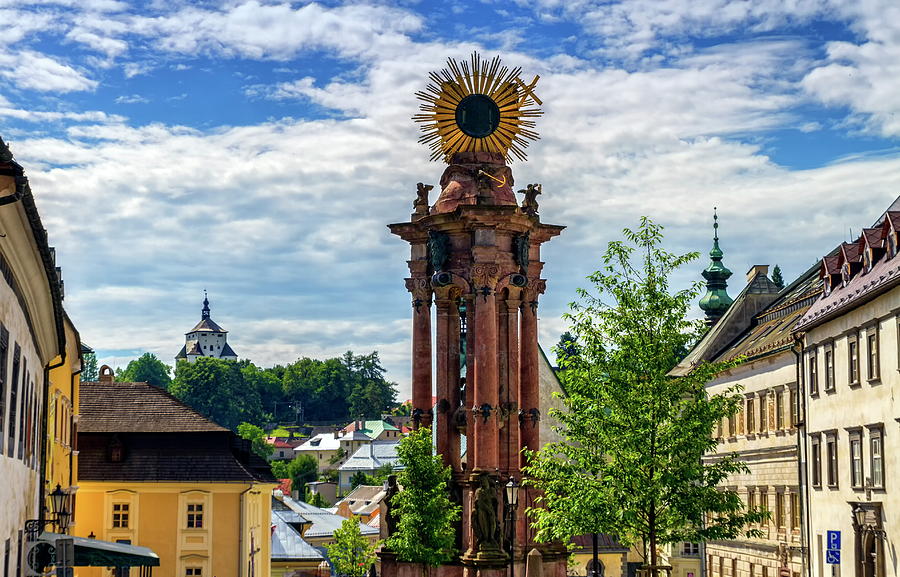 Plague column in the Trinity Square and new castle, Banska Stiavnica, Slovakia Photograph by Elenarts - Elena Duvernay photo