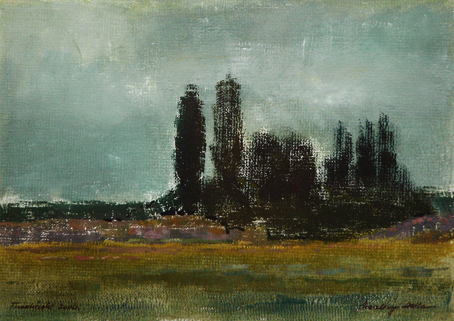 Plain with Poplars Painting by Attila Meszlenyi