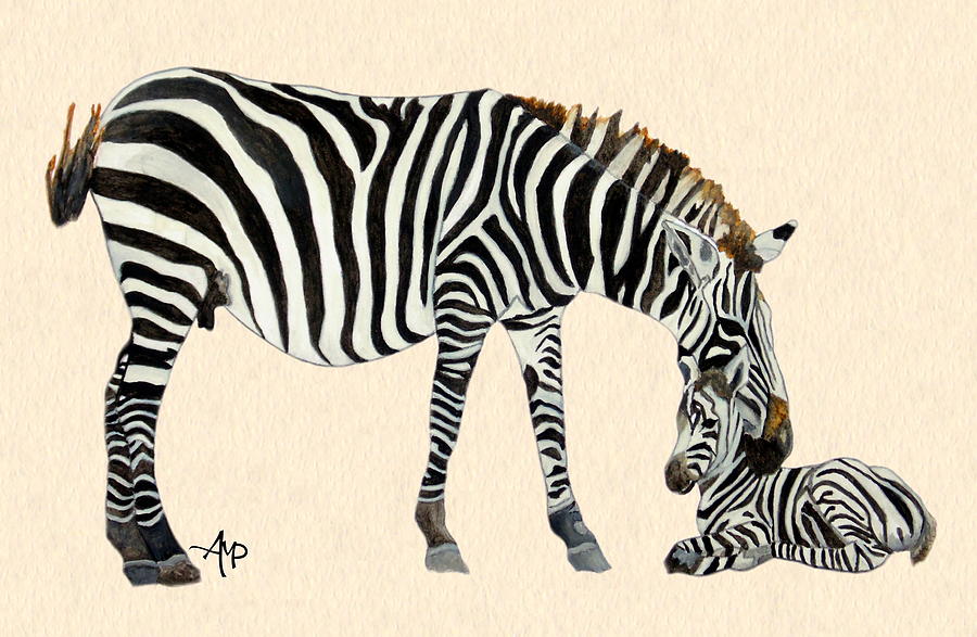 Plains Zebras Watercolor Painting by Angeles M Pomata