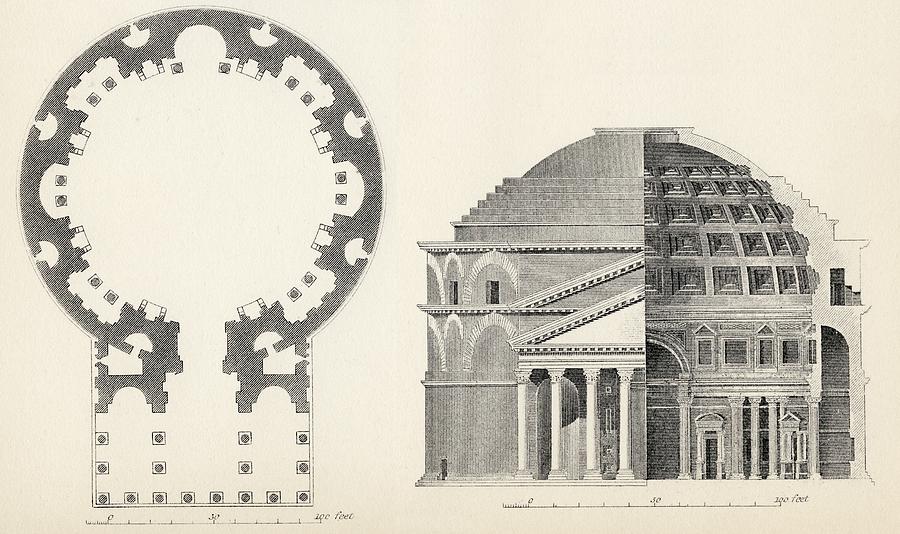 Black And White Drawing - Plan And Elevation Of The Pantheon In by Vintage Design Pics