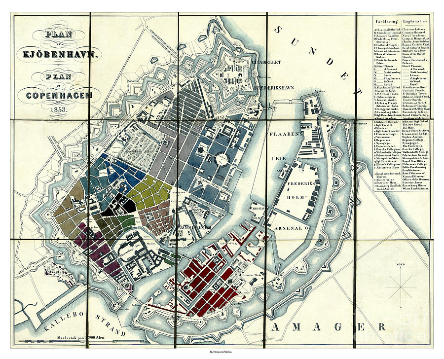 16/" X 24/" 1853 Map of Plan af Kjöbenhavn Plan of Copenhagen Copenhagen
