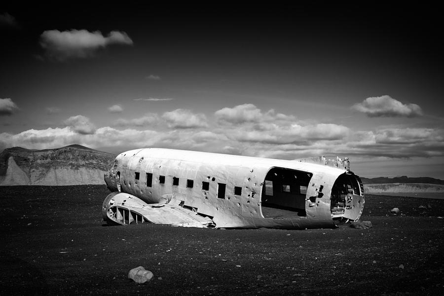 Black And White Photograph - Plane wreck in Iceland black and white by Matthias Hauser