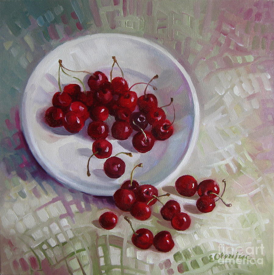 Plate with cherries Painting by Elena Oleniuc