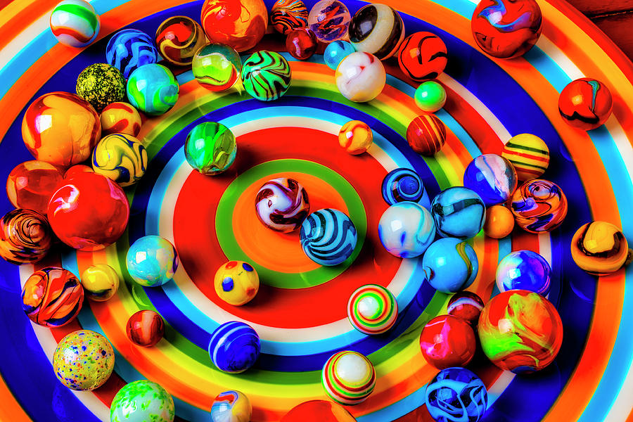 Plate With Colorful Marbles Photograph by Garry Gay