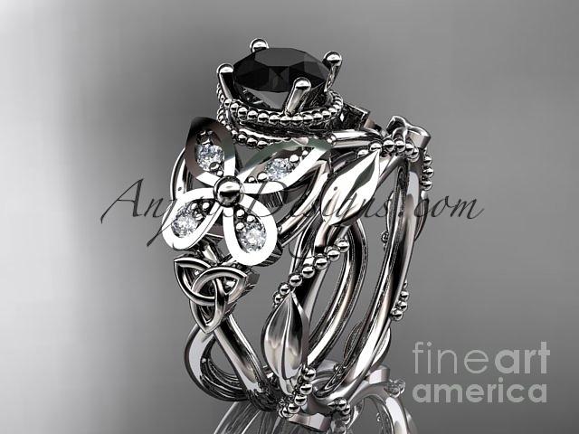 Leaf Engagement Ring Jewelry - platinum  diamond celtic trinity knot engagement set with a Black Diamond center stone CT7136S by AnjaysDesigns com