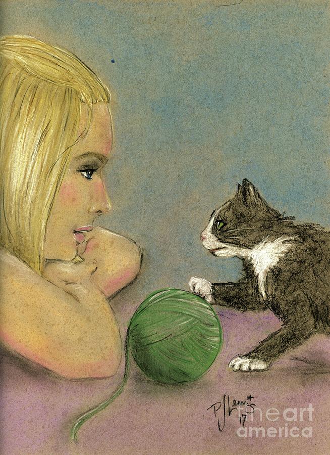 Cat Drawing - Play Ball by PJ Lewis