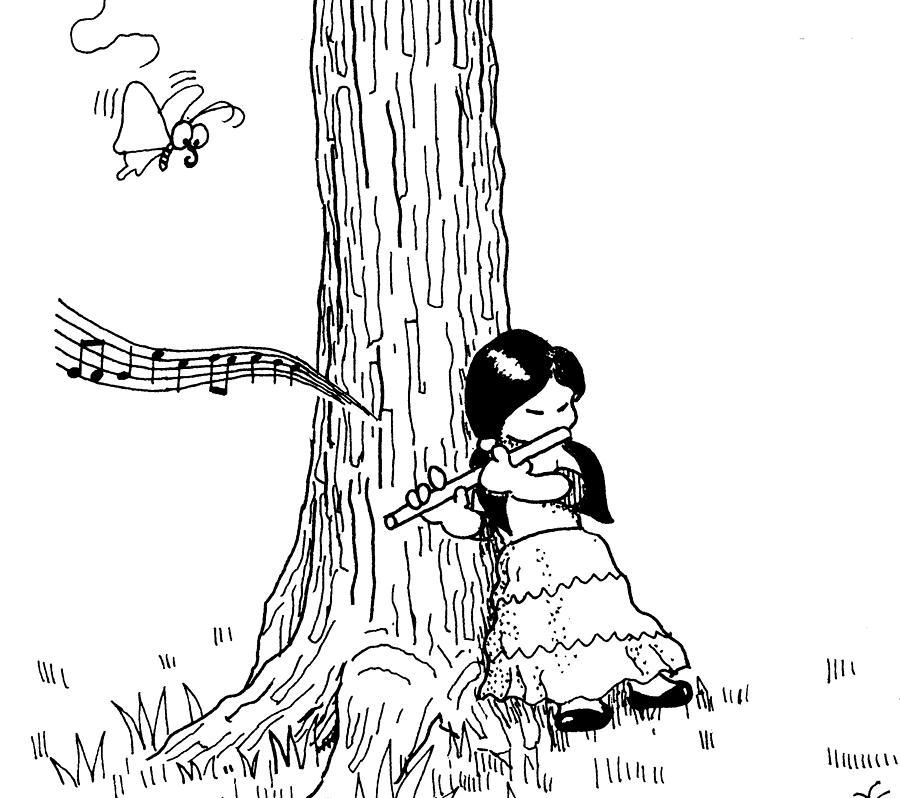 Music Drawing - Play the flute under the tree by Minami Daminami