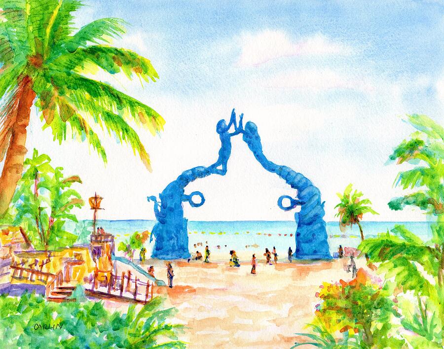 Playa del Carmen Portal Maya Statue Painting by Carlin Blahnik CarlinArtWatercolor