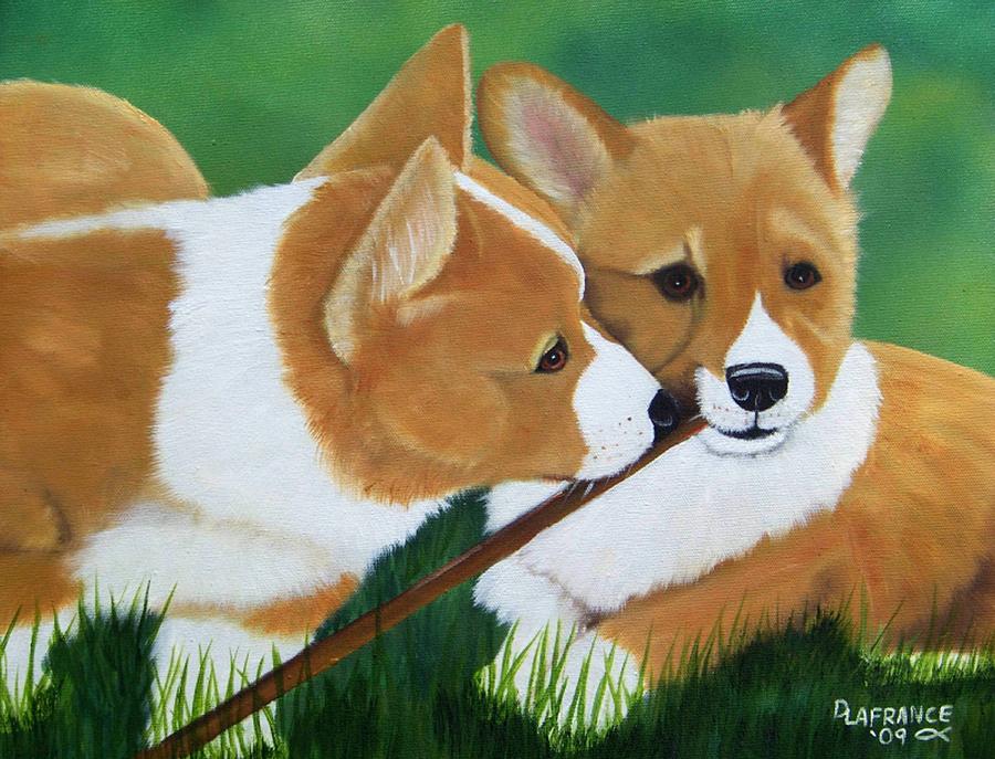 Dog Painting - Playful Corgis by Debbie LaFrance