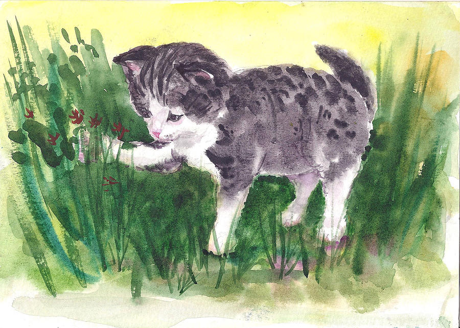 Playful Kitten Painting by Asha Sudhaker Shenoy