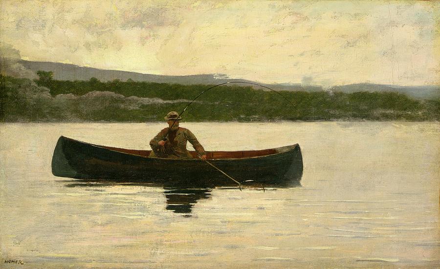 Winslow Homer Painting - Playing a Fish by Winslow Homer