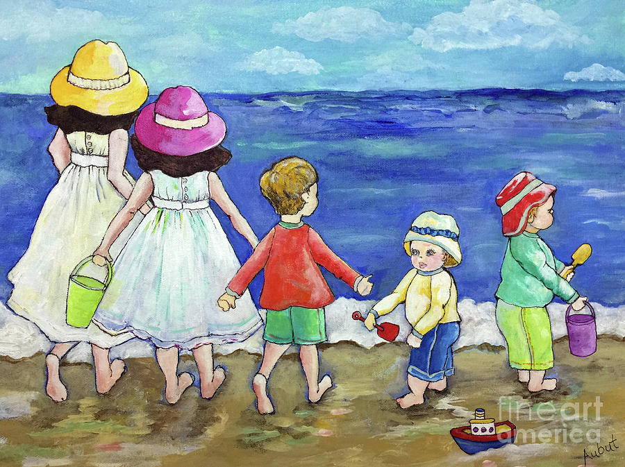 Playing at the Seashore Painting by Rosemary Aubut