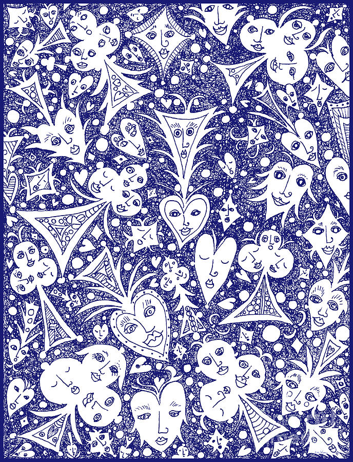 Playing Card Symbols with Faces in Blue Drawing by Lise Winne