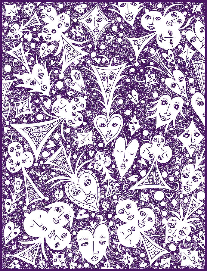 Playing Card Symbols with Faces in Purple Drawing by Lise Winne