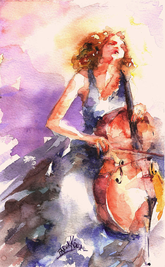 Playing Cello Painting by Faruk Koksal