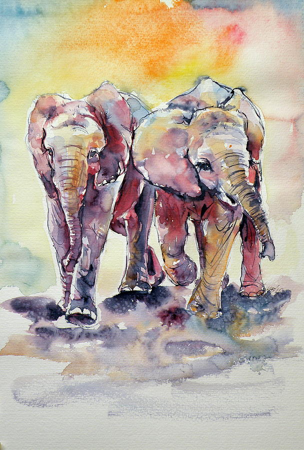 Playing elephant babies Painting by Kovacs Anna Brigitta