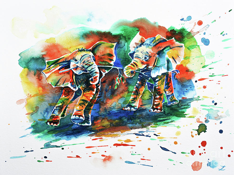 Playing Elephant Babies  Painting by Zaira Dzhaubaeva