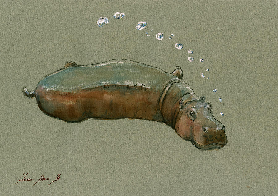 Hippopotamus Painting - Playing hippo by Juan  Bosco