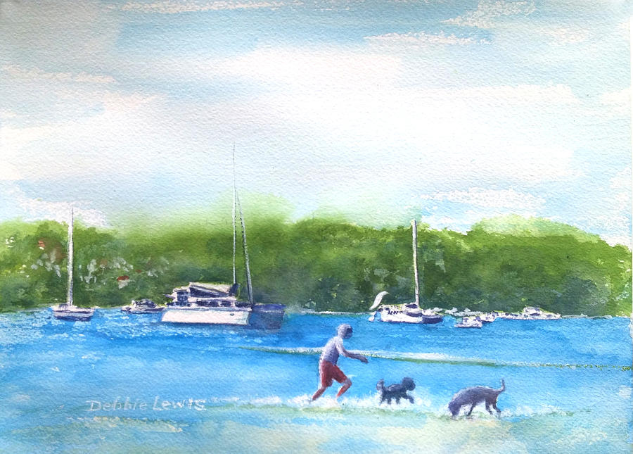 Playing with the Dogs at Rose Bay Painting by Debbie Lewis