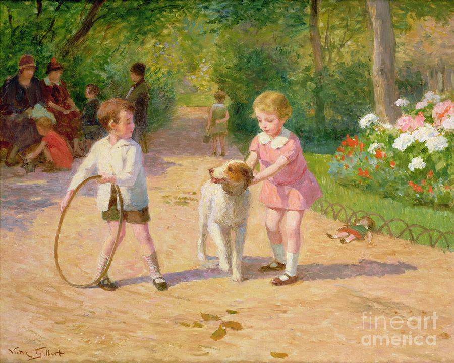 Dog Painting - Playing with the Hoop by Victor Gabriel Gilbert