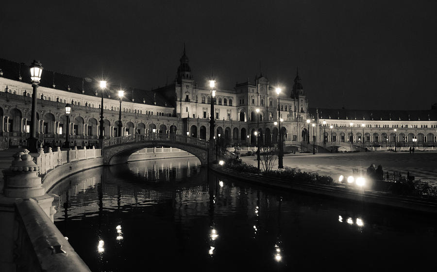 Plaza de Espana at night - Seville in black and white Photograph by AM FineArtPrints