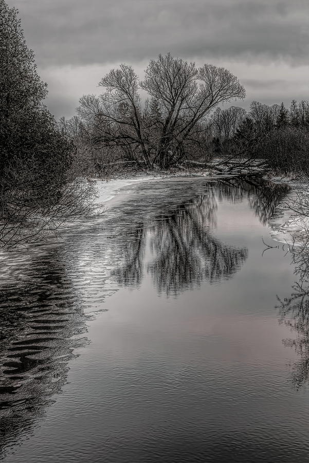Plover River Black and White Winter Reflections Photograph by Dale Kauzlaric