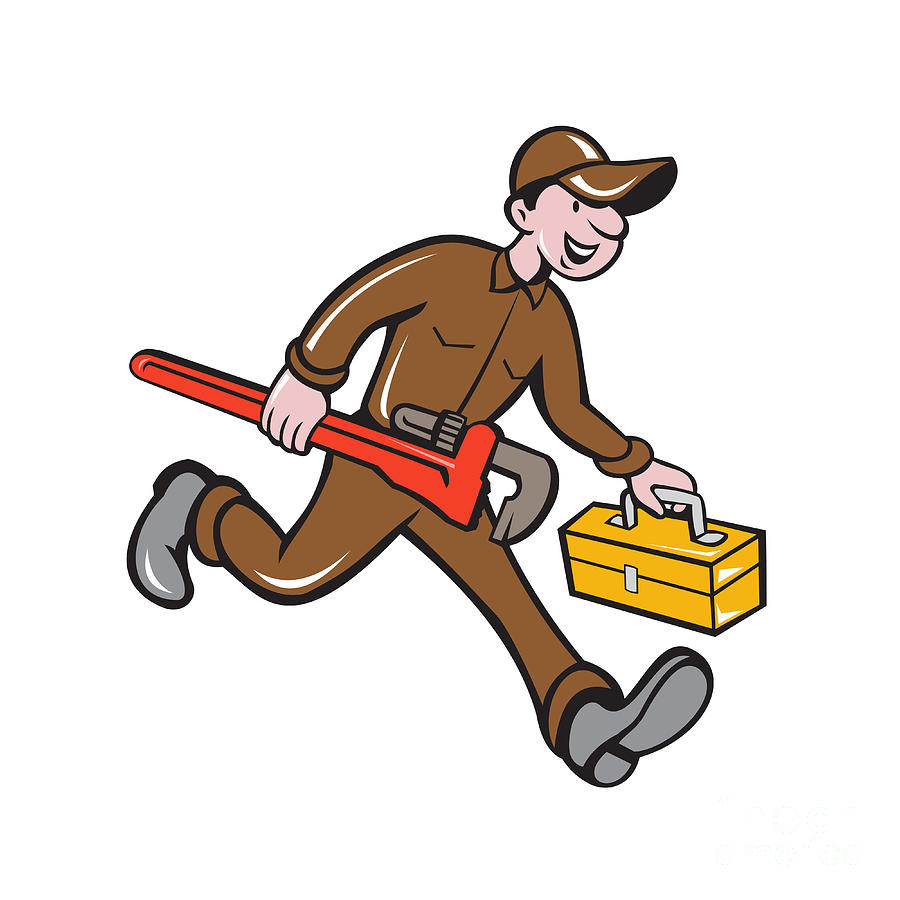 Plumber Carrying Monkey Wrench Toolbox Cartoon Digital Art by Aloysius ...