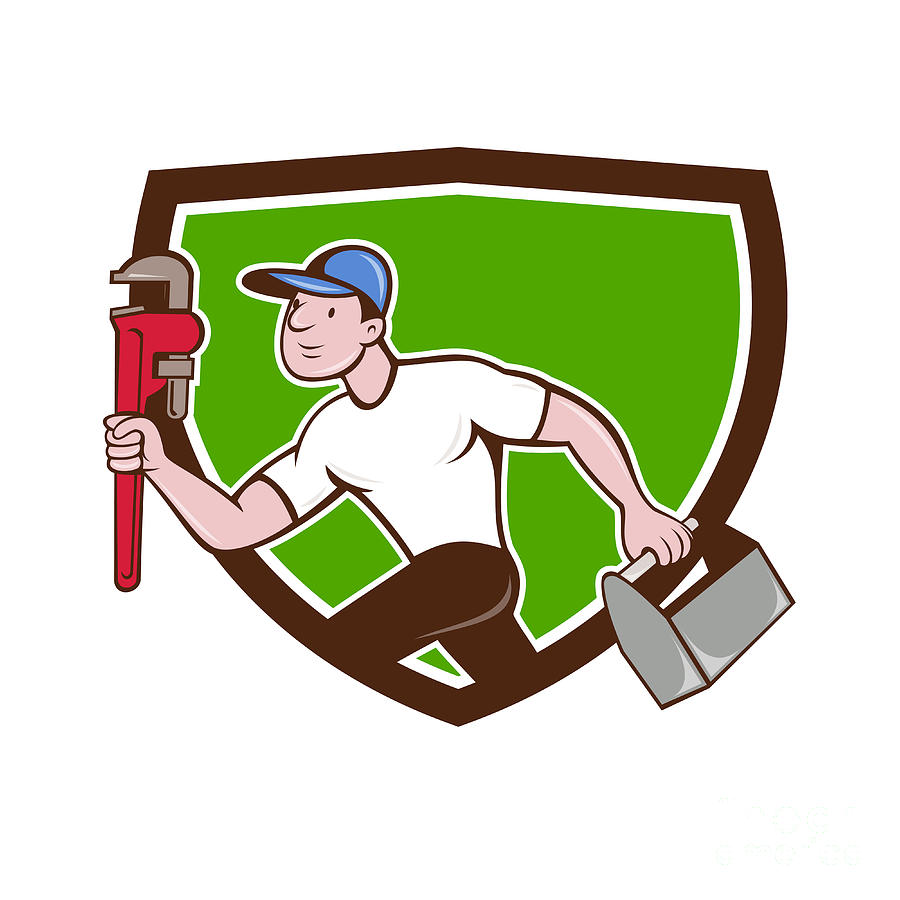 Hat Digital Art - Plumber Running Toolbox Wrench Crest Cartoon by Aloysius Patrimonio