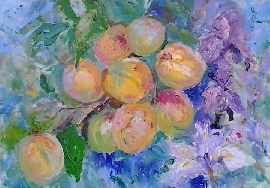 Plums and Irises Painting by Elinor Fletcher