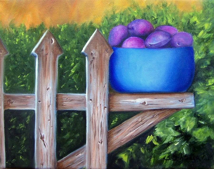 Plums on the Fence Painting by Susan Dehlinger
