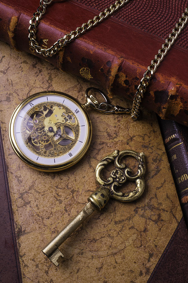 Watch Still Life Photograph - Pocket Watch And Old Key by Garry Gay