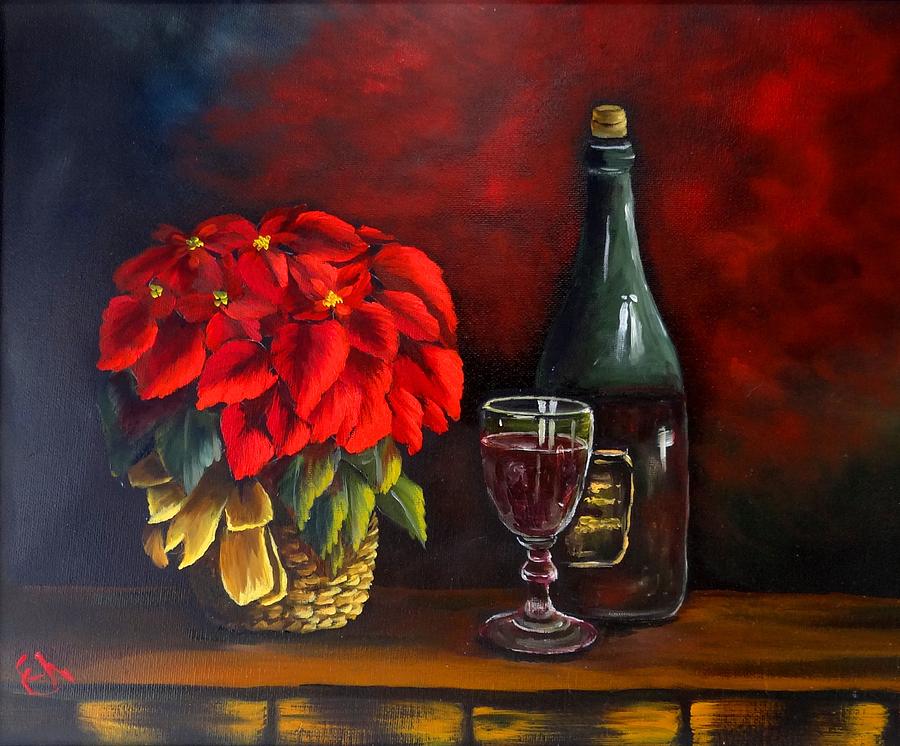 Christmas Bags Painting - Poinsettas and Wine by Fineartist Ellen
