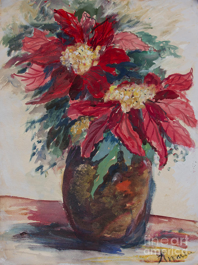 Holiday Flowers Painting - Poinsettias in a Brown Vase by Avonelle Kelsey Holiday Flowers Painting - Poinsettias in a Brown Vase by Avonelle Kelsey