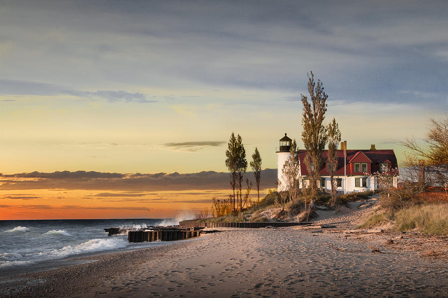 Point Betsie Lighthouse at Sunset on Lake Michigan Photograph by Randall Nyhof