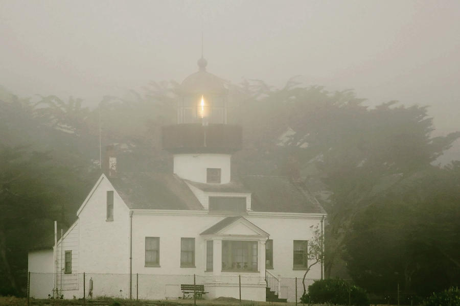 Point Pinos Lighthouse in a foggy night - Pacific Grove Monterey Central CA Photograph by Alexandra Till