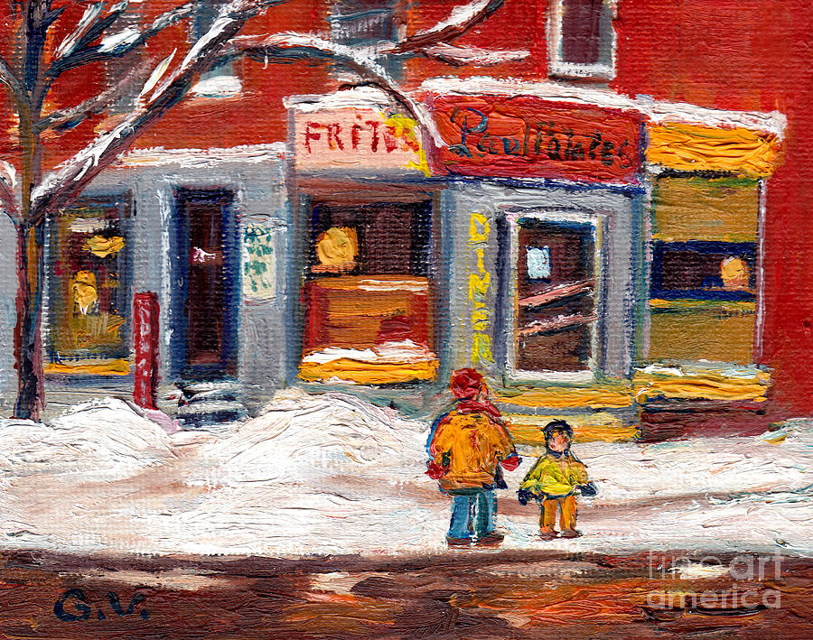 Point St Charles Winter Scene Paul Patates Diner Montreal Winter Scene Painting Grace Venditti Painting by Grace Venditti
