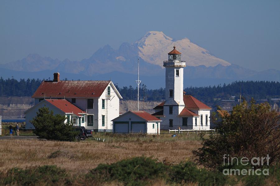 Lighthouse Photograph - Point Wilson Lighthouse at Fort Wordentwith Mount Baker in background Washington 2015 by Monterey County Historical Society